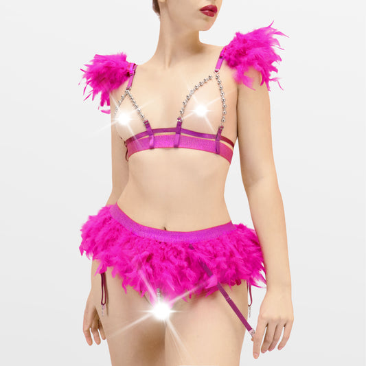 Open-Bust Feather Lingerie Set – Sensual & Bold, size L-2XL, Fuchsia