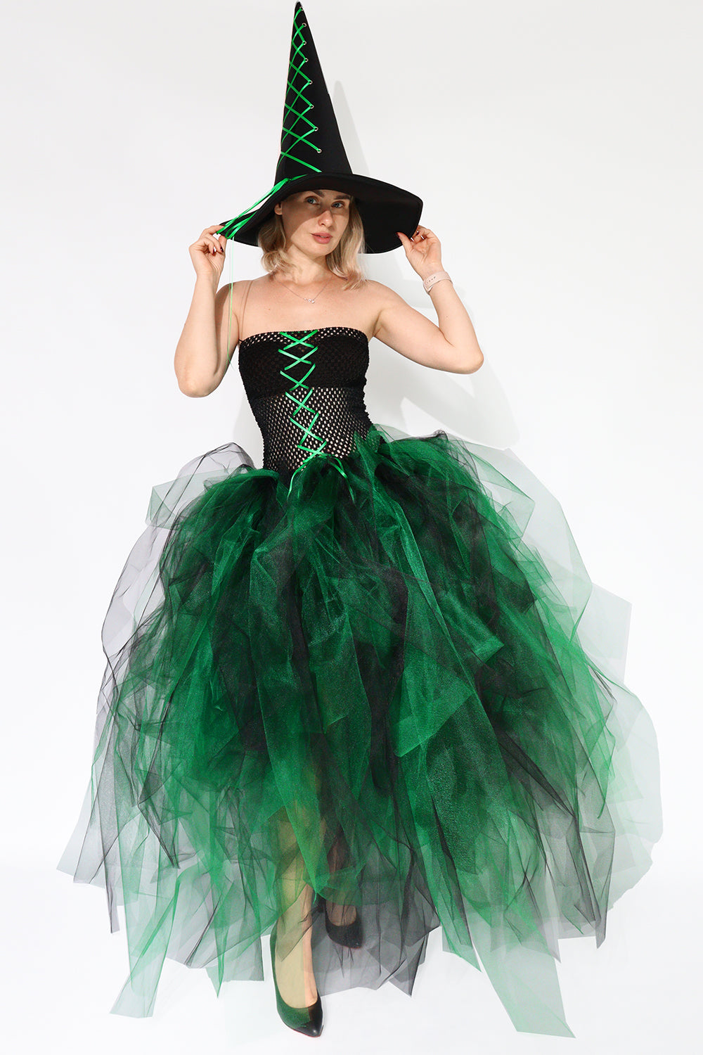 Witch Costume with Corset Top and Green Tulle Skirt — Halloween Outfit with Hat, Size XS-M