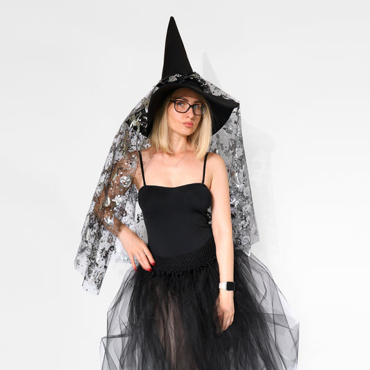 Witch Hat with Silver Veil – Halloween Costume Accessory, Gothic Wide Brim Hat with Spiderweb Tulle