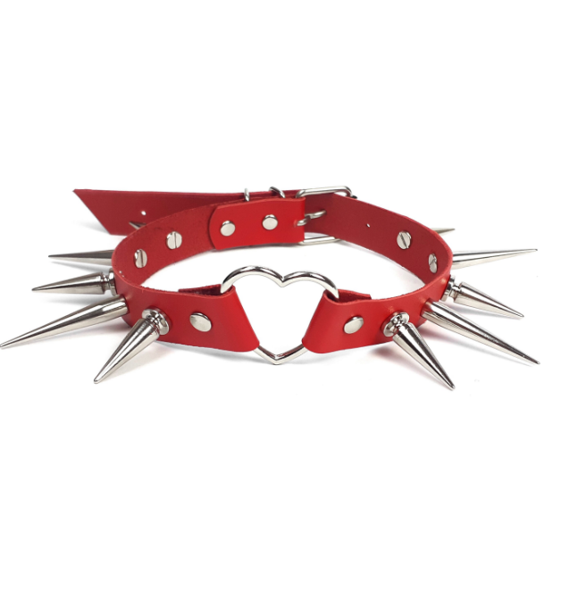 bdsm leather gothic spiked collar choker red