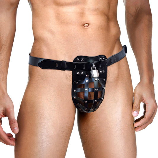 Leather male bdsm chastity cage