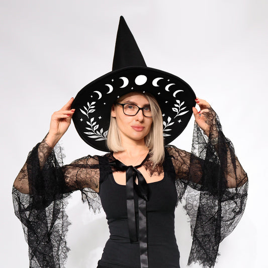 Witch Hat with Moon Phases Print – Halloween Costume Accessory for Adults