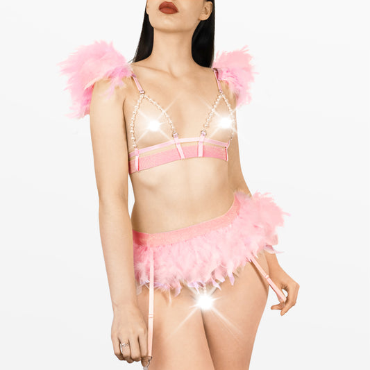 Open-Bust Feather Lingerie Set – Sensual & Bold, size L-2XL, Pink
