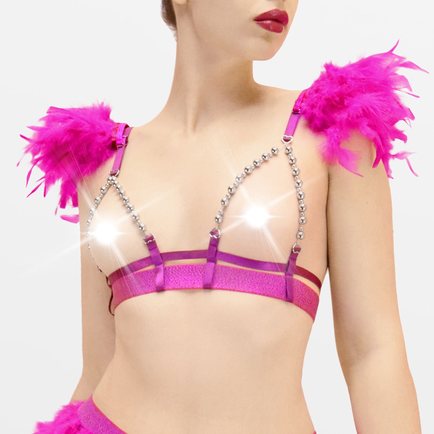 Open-Bust Feather Lingerie Set – Sensual & Bold, size L-2XL, Fuchsia