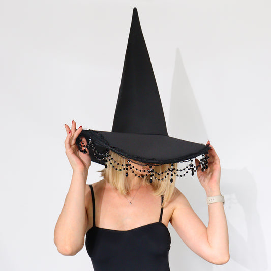 Black Witch Hat with Beaded Trim – Elegant Gothic Halloween Accessory