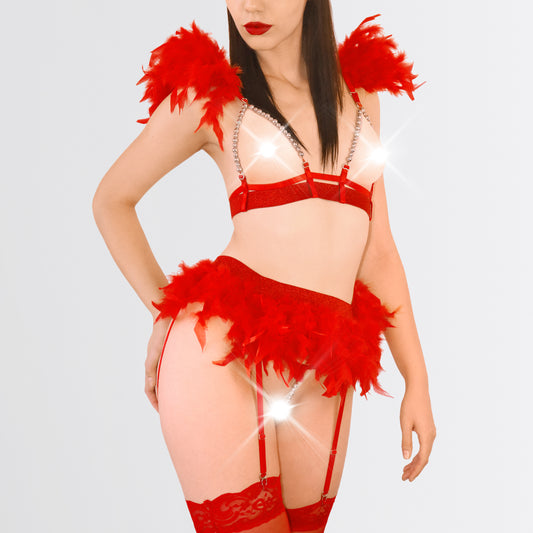 Open-Bust Feather Lingerie Set – Sensual & Bold, size L-2XL, Red