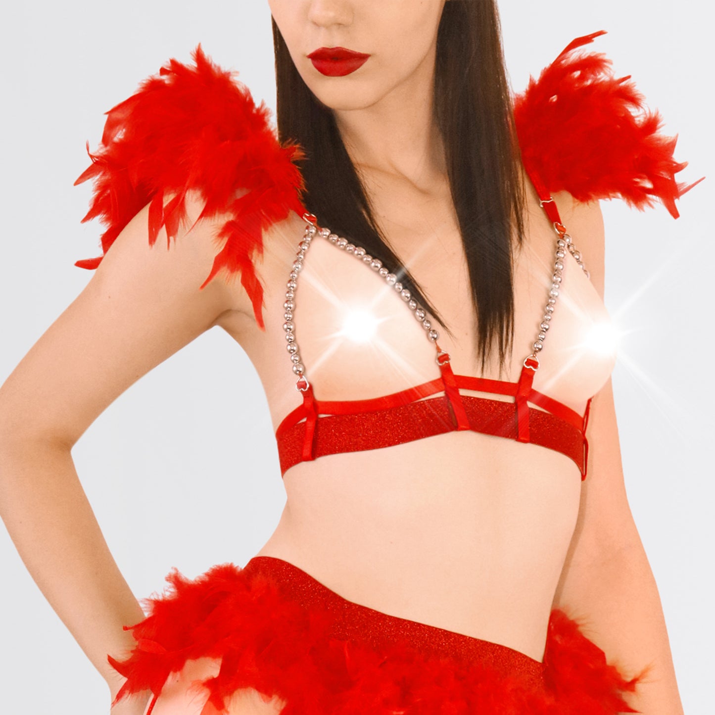 Open-Bust Feather Lingerie Set – Sensual & Bold, size XS-M, Red