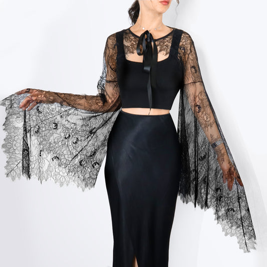 Black Lace Cape with Long Wing Sleeves – Witch or Gothic Halloween Accessory Size L-2XL