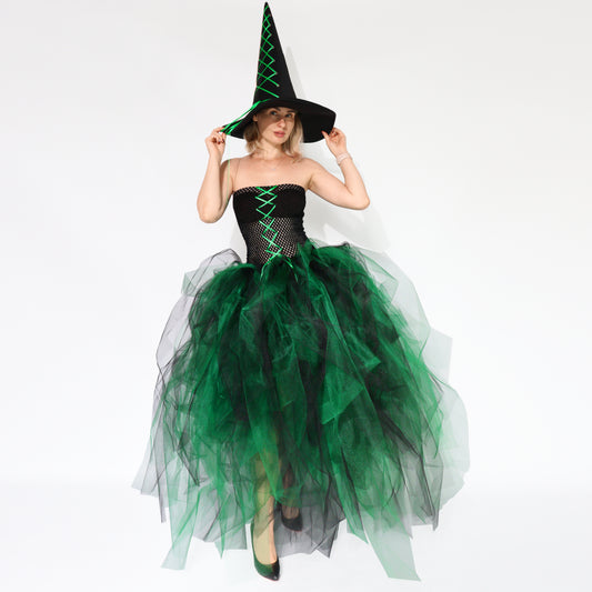 Witch Costume with Corset Top and Green Tulle Skirt — Halloween Outfit with Hat, Size XS-M