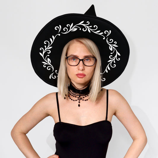 Gothic Witch Hat with White Scroll Design – Halloween Accessory for Women