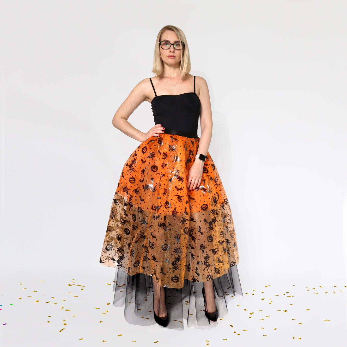 Orange Halloween Tulle Skirt with Print – Pumpkins, Bats & Spiders size XS-M