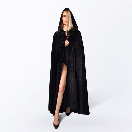 Long Black Velvet Cloak with Hood – Witch, Vampire or Halloween Cape