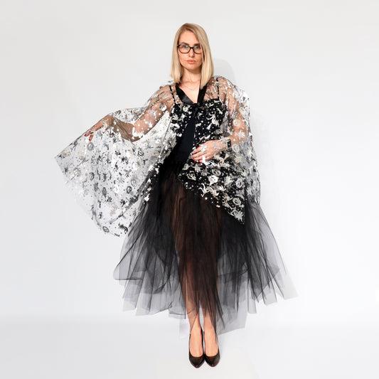 Sheer Cape with Silver Print – Versatile Halloween Cloak, Skirt or Hat Accessory