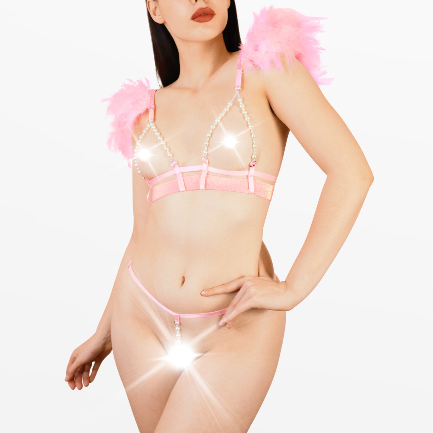 Open-Bust Feather Lingerie Set – Sensual & Bold, size L-2XL, Pink