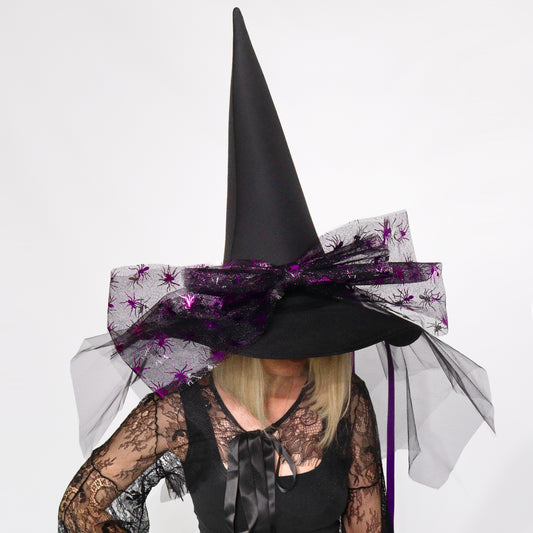Halloween Witch Hat with Giant Purple Spider Bow – Black Witch Costume Accessory