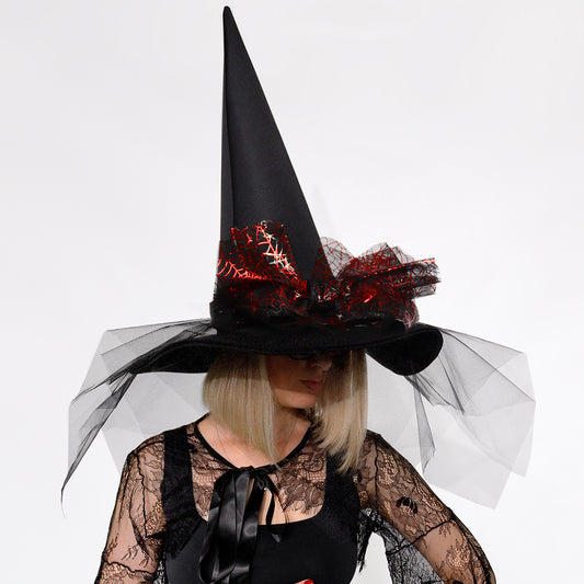 Witch Hat with Veil and Red Spiderweb Bow – Elegant Halloween Accessory