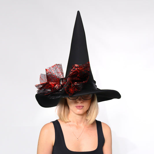 Witch Hat with Red Spiderweb Bow – Wide Brim Halloween Accessory