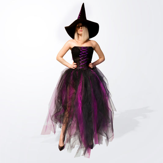 Purple & Black Witch Costume with Tulle Skirt and Hat – Halloween Outfit for Kids and Adults Size XS-M