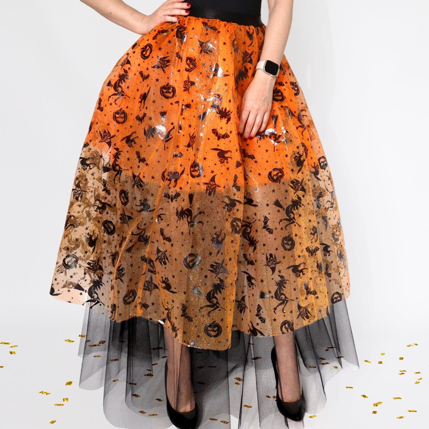 Orange Halloween Tulle Skirt with Print – Pumpkins, Bats & Spiders size XS-M