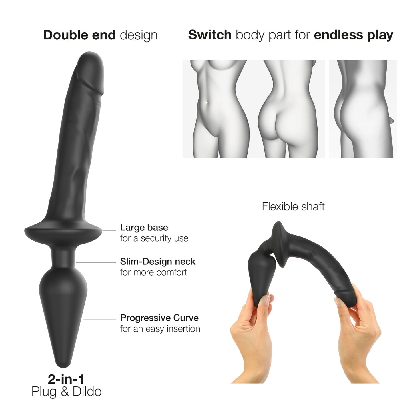 Strap-On-Me SWITCH Plug-In Realistic Dildo 2-in-1 Anal Plug, Black, Size L, 4.5 / 3.4 cm diameter