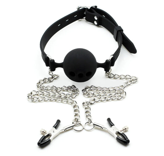 Silicone gag with nipple clamps, Black