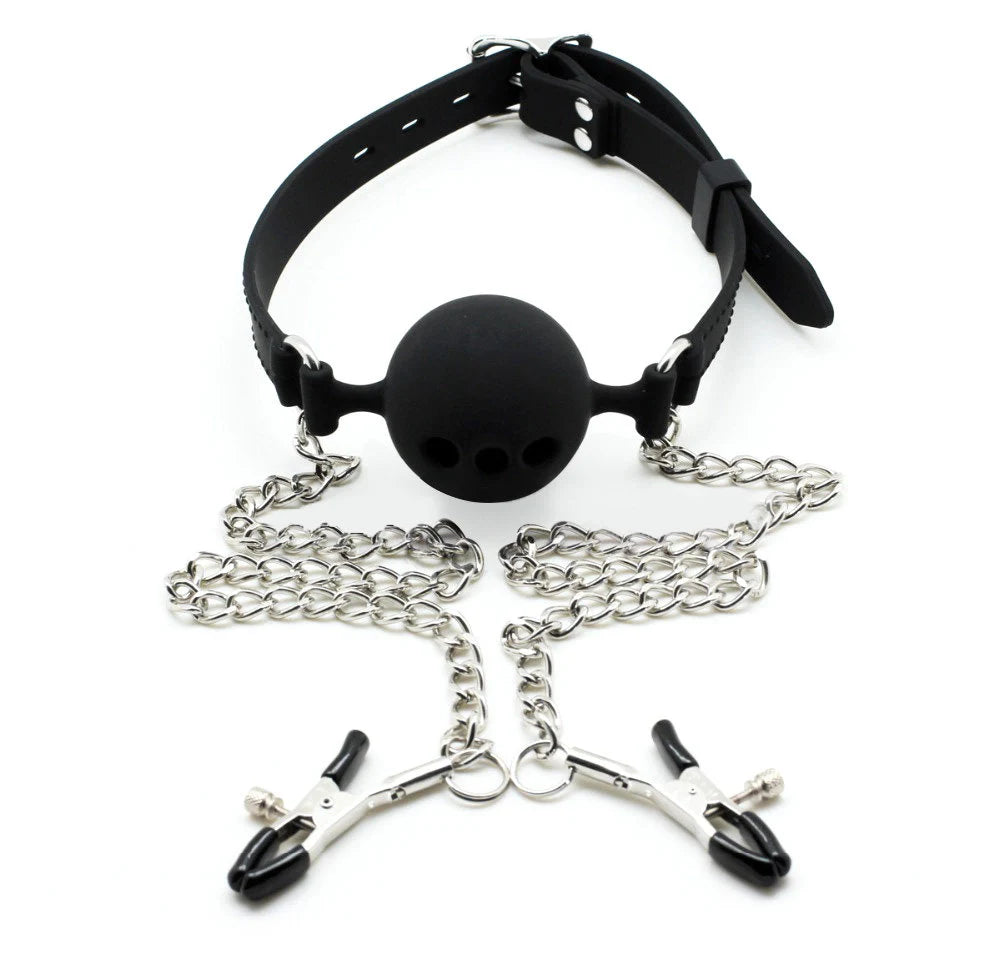 bdsm gag with nipple clamps