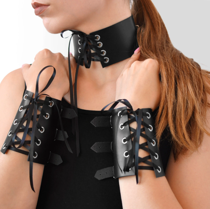 bdsm leather collar with handcuffs