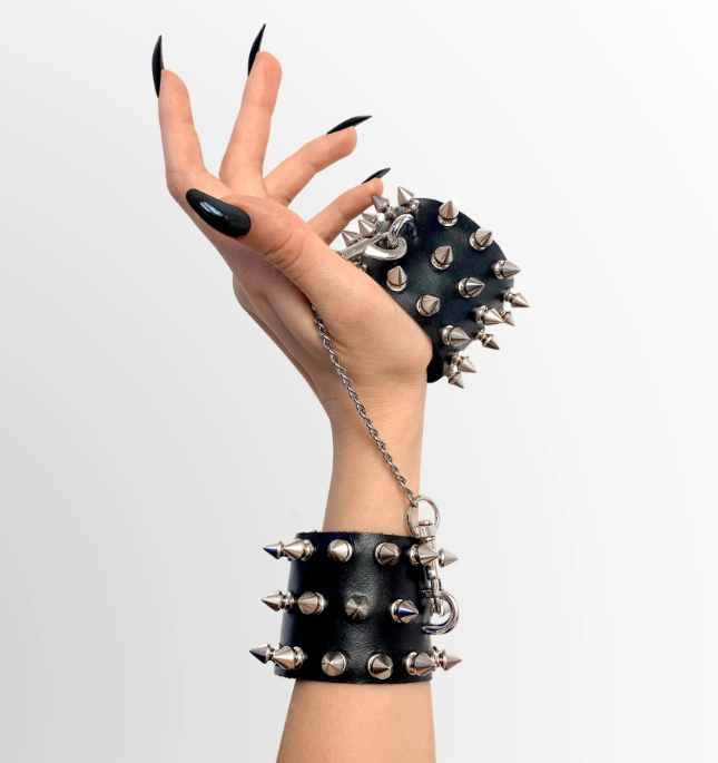 Leather bdsm kinky spiked handcuffs