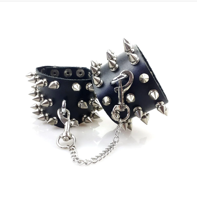 Leather bdsm kinky spiked handcuffs