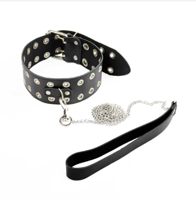 bdsm leather collar with chain leash