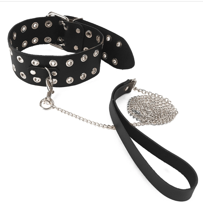 bdsm leather collar with chain leash