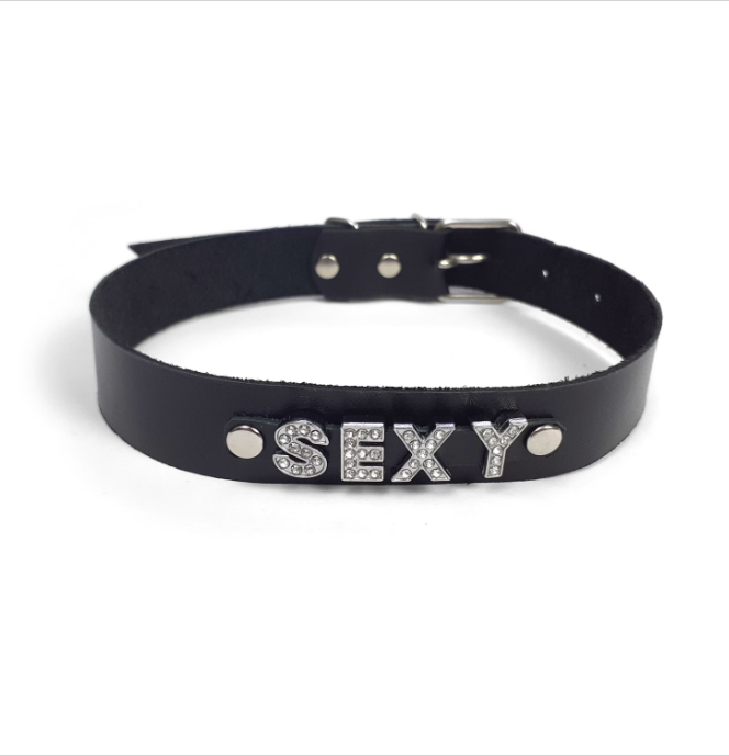 Custom Leather BDSM Collar Choker - Personalized Name Necklace - The Black Feline