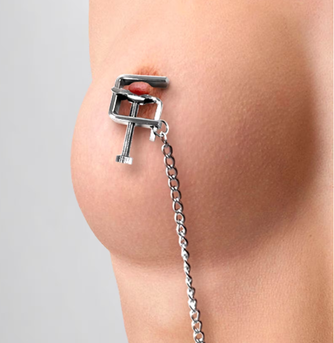 Screw tightening adjustable nipple clamps with chain