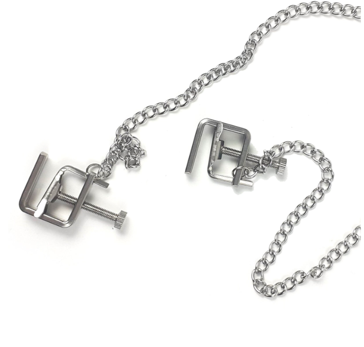 Screw tightening adjustable nipple clamps with chain