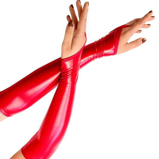 Long Vinyl Fingerless Gloves Art of Sex – Lora, Size M, Red