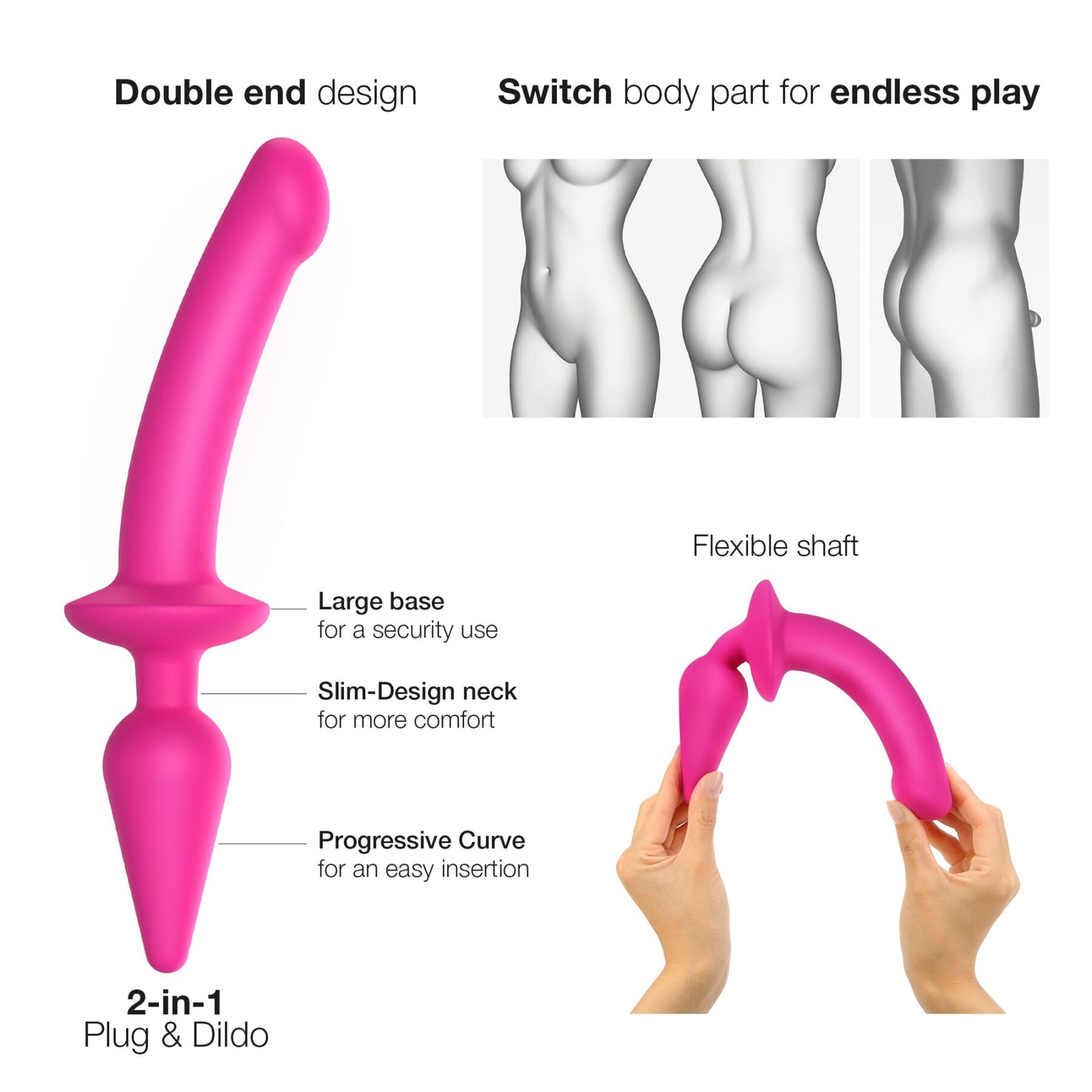 Strap-On-Me SWITCH Plug-In Dildo 2-in-1 Anal Plug Fuchsia, Size L, 4.5 / 3.4 cm diameter