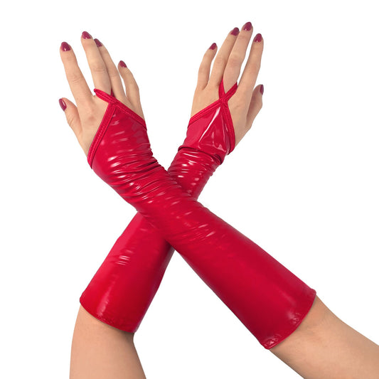 Short Vinyl Fingerless Gloves Art of Sex – Lora, Size M, Red
