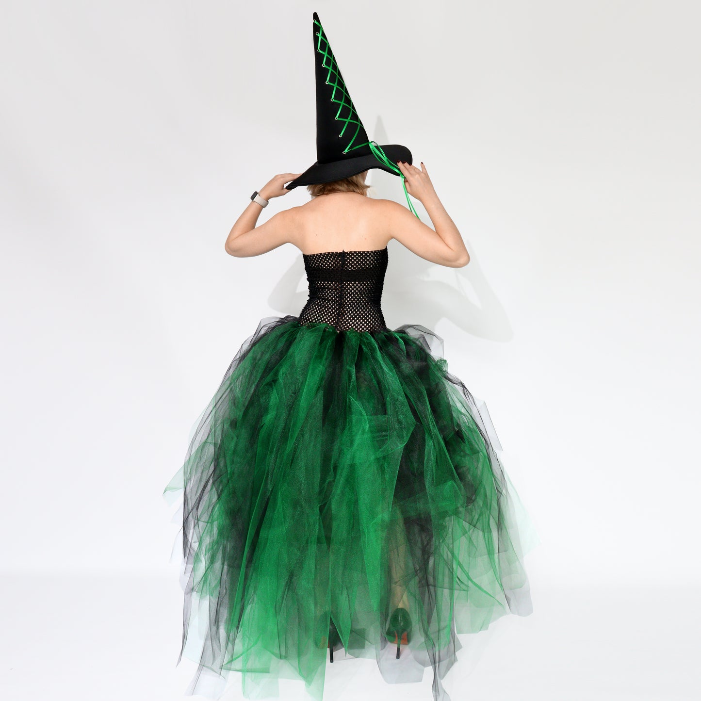 Witch Costume with Corset Top and Green Tulle Skirt — Halloween Outfit with Hat Size L-2XL