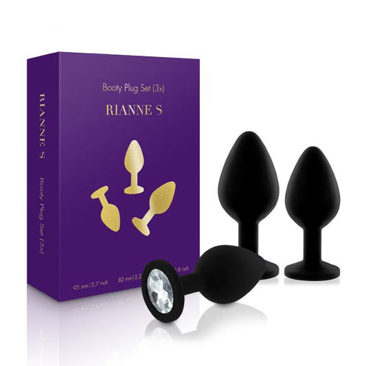 Rianne S Booty Plug Set Black – Metal Anal Plug Set with Crystal, diameters 2.7 cm, 3.5 cm, 4.1 cm