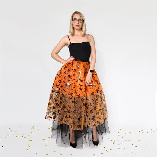 Orange Halloween Tulle Skirt with Print – Pumpkins, Bats & Spiders Size L-2XL