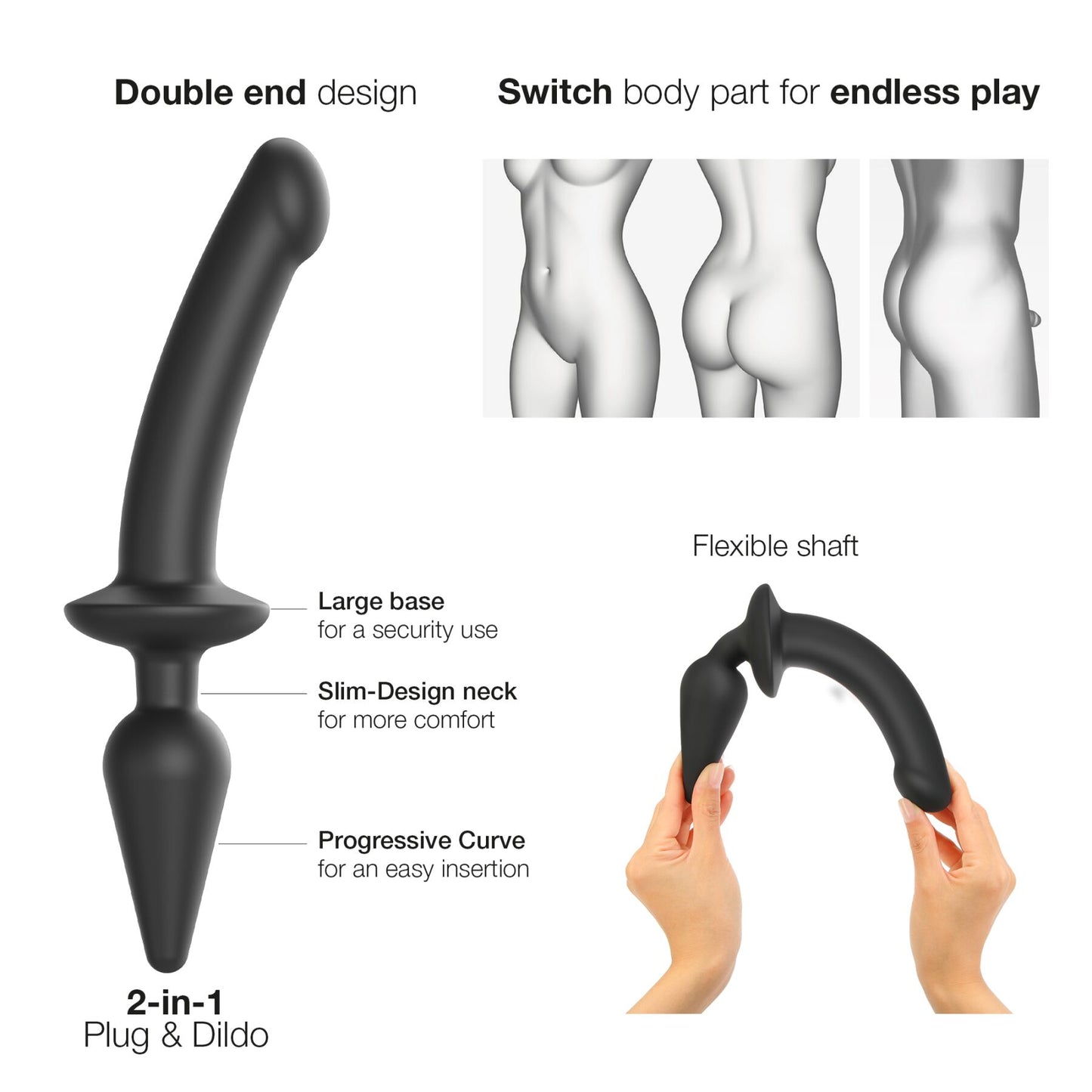 Strap-On-Me SWITCH Plug-In Dildo 2-in-1 Anal Plug Black XXL, 5.2 / 3.9 cm diameter