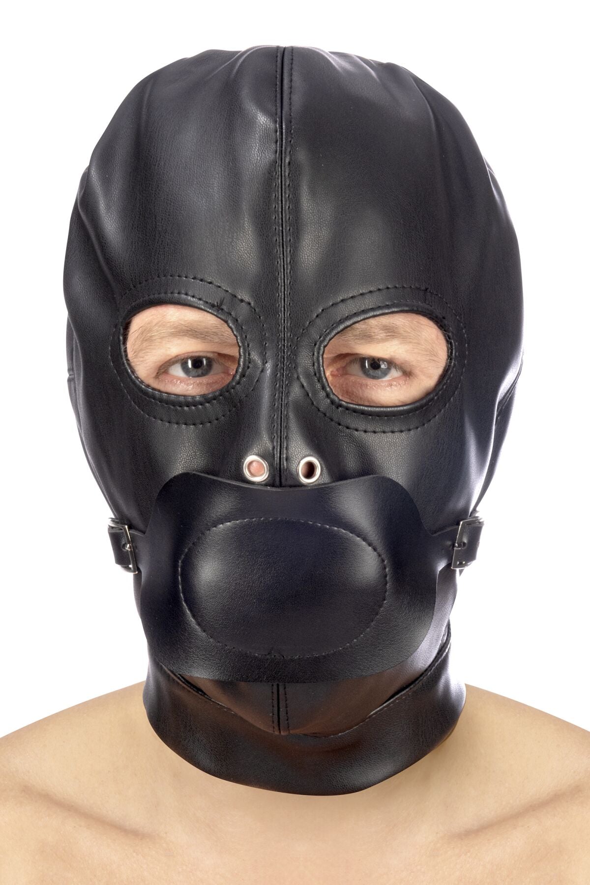 bdsm leather bondage hood with removable gag