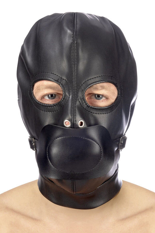 BDSM hood in leatherette with removable gag