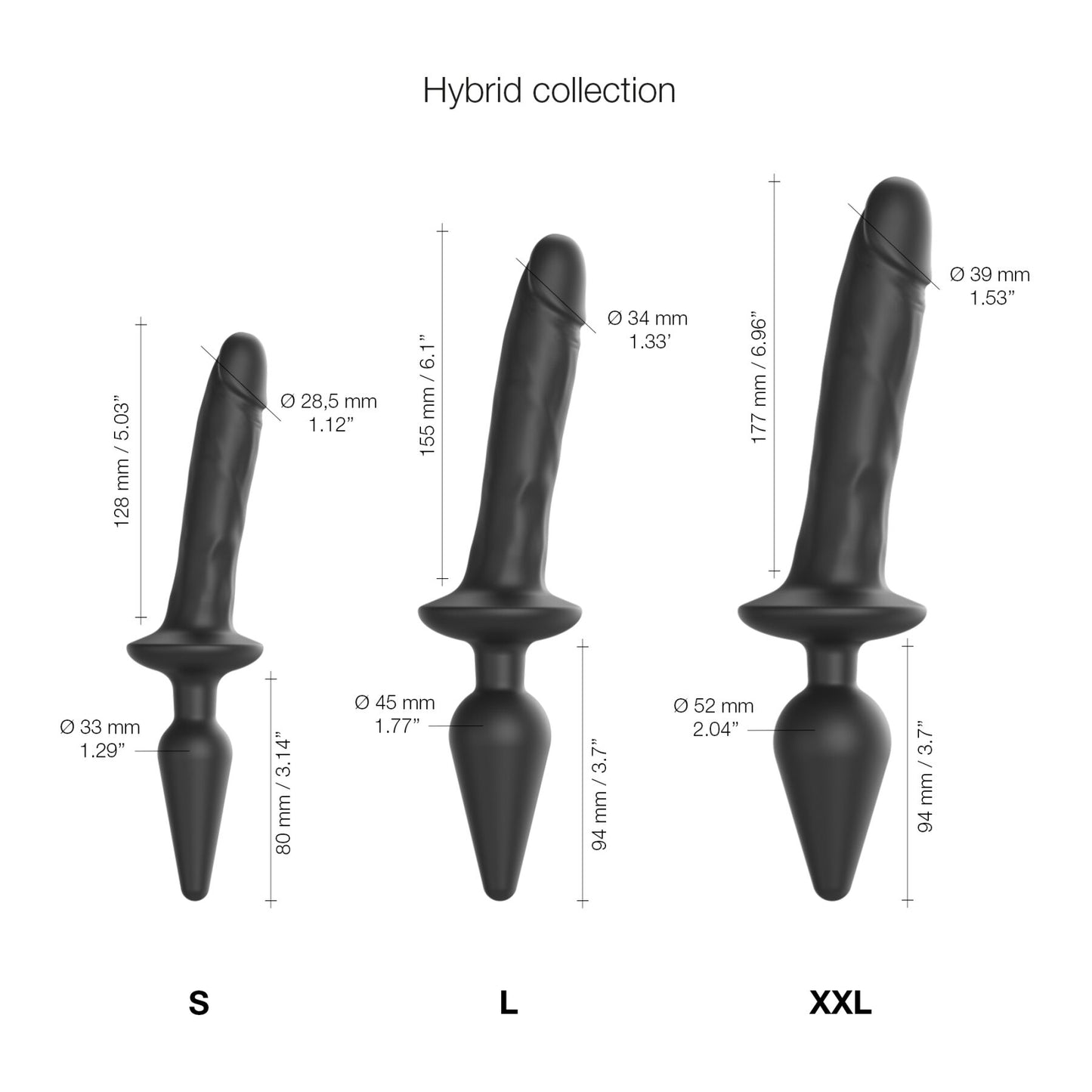 Strap-On-Me SWITCH Plug-In Realistic Dildo 2-in-1 Anal Plug Black XXL, 5.2 / 3.9 cm diameter