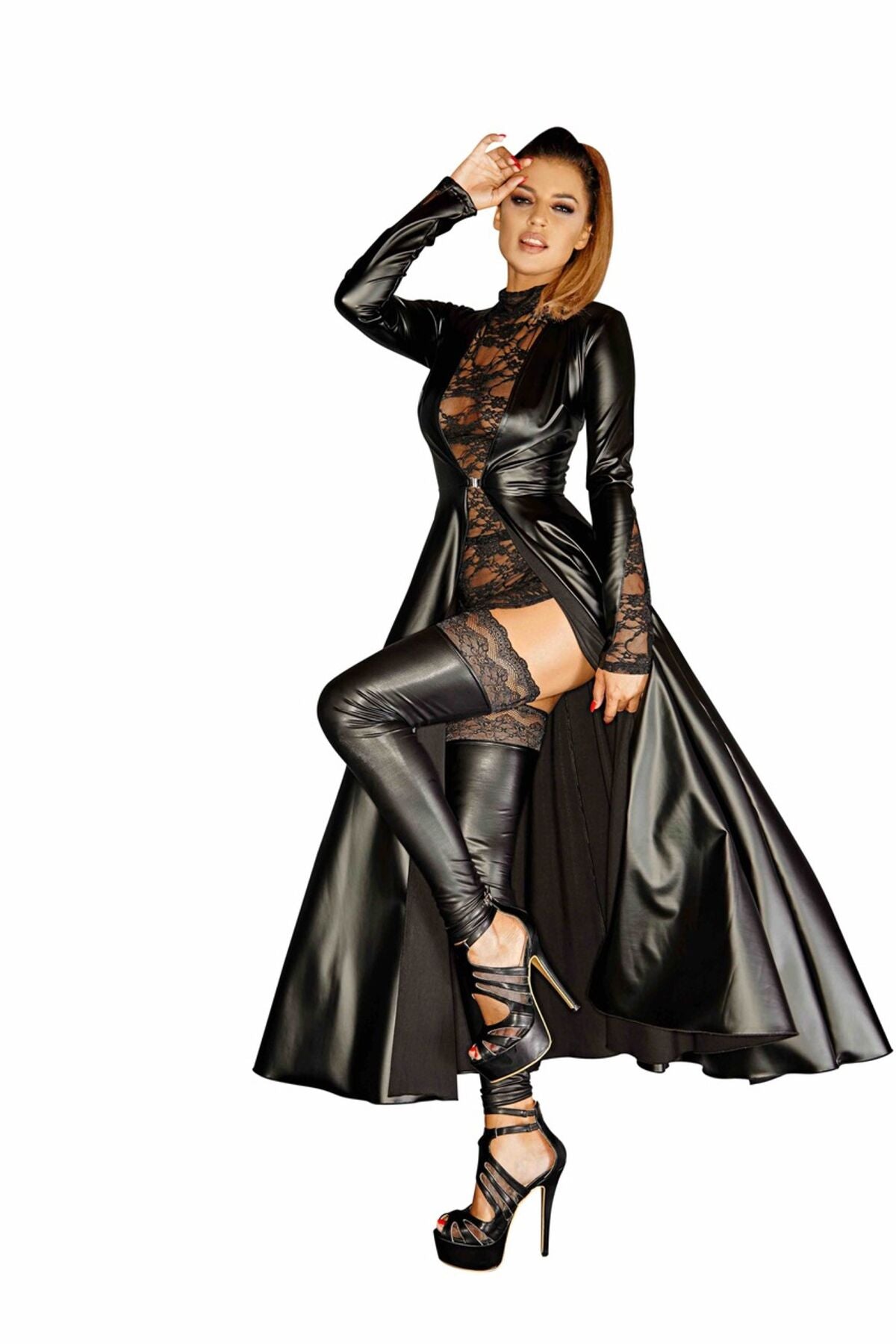 Noir Handmade F128C Powerwetlook Gown Coat – Rule the Room, Own the Night Size L