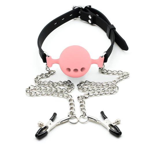 Silicone gag with nipple clamps, Pink