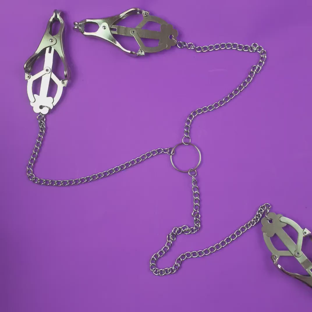 Clover nipple and labia clitoral clamps with chain set