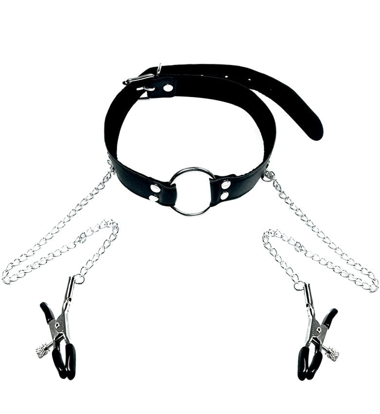 bdsm o-ring gag with adjustable nipple clamps