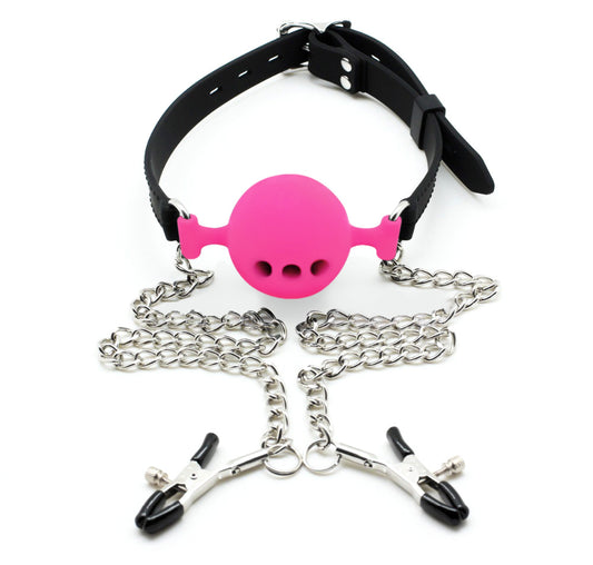 Silicone gag with nipple clamps, Dark pink