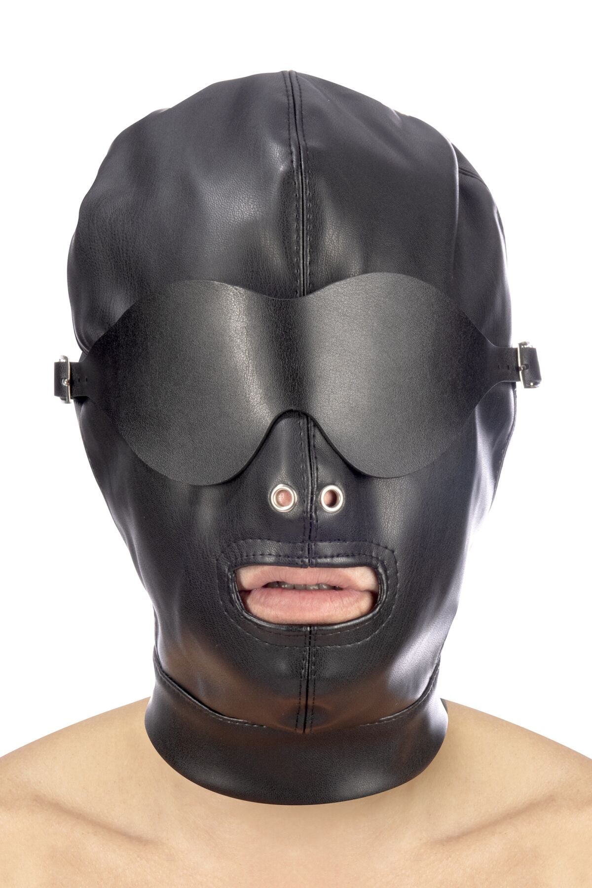 bdsm leather bondage hood with removable eyes mask